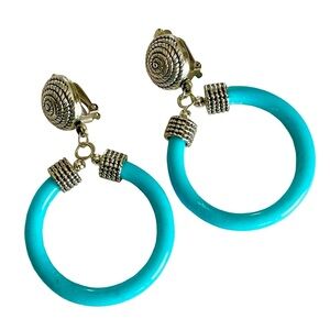 Vintage Turquoise Acrylic And Silver Tone Hoop Clip Earrings